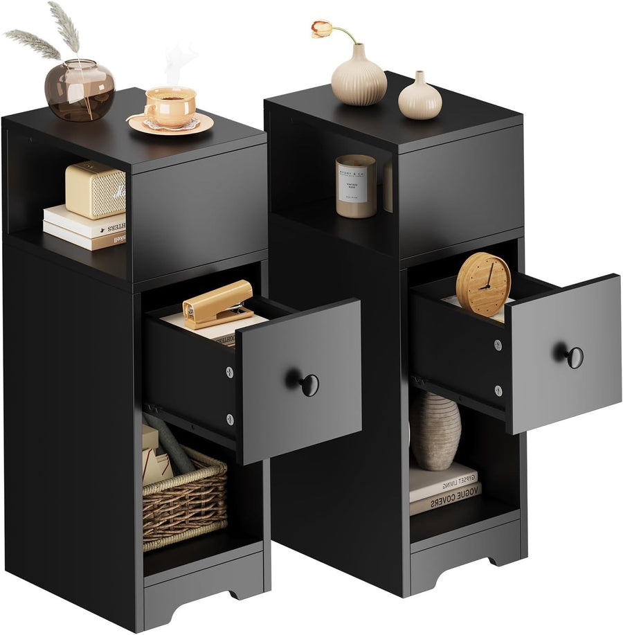 Set of 2 Slim Black Bedside Tables with Drawer & Shelves | Modern