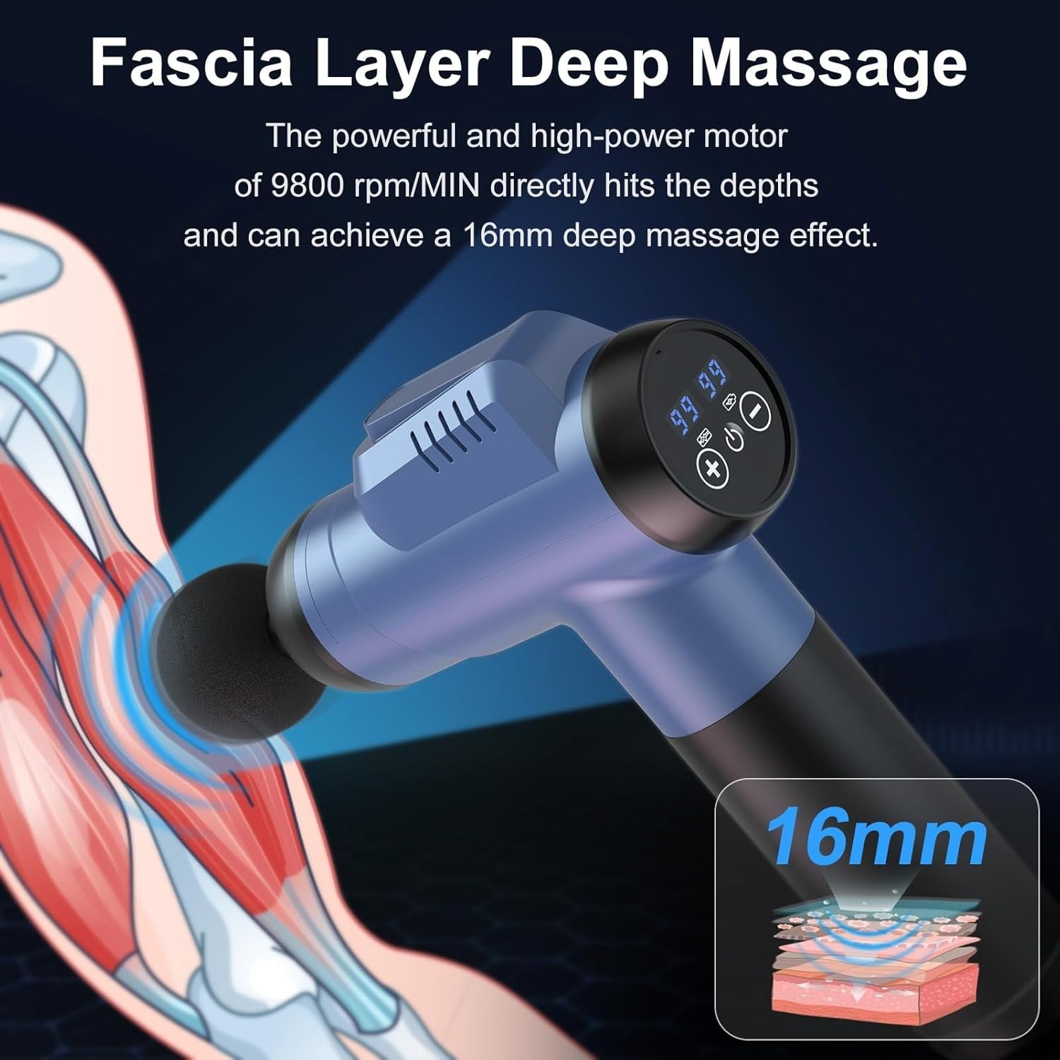 Deep Tissue Massage Gun 99 Speeds Muscle Massager LCD 6 Heads Type-C
