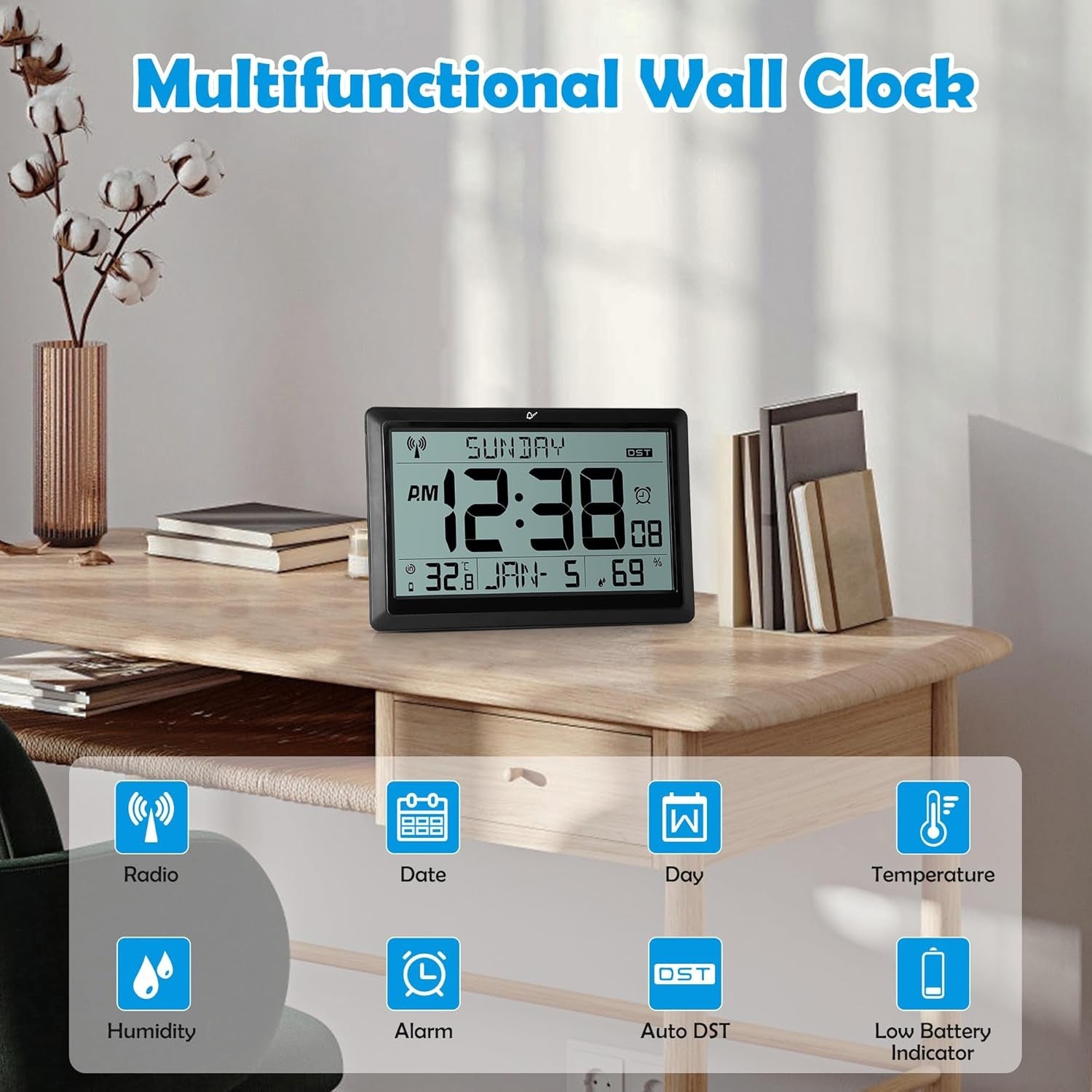Large Digital Wall Clock Temperature Humidity Date LCD Battery Operated
