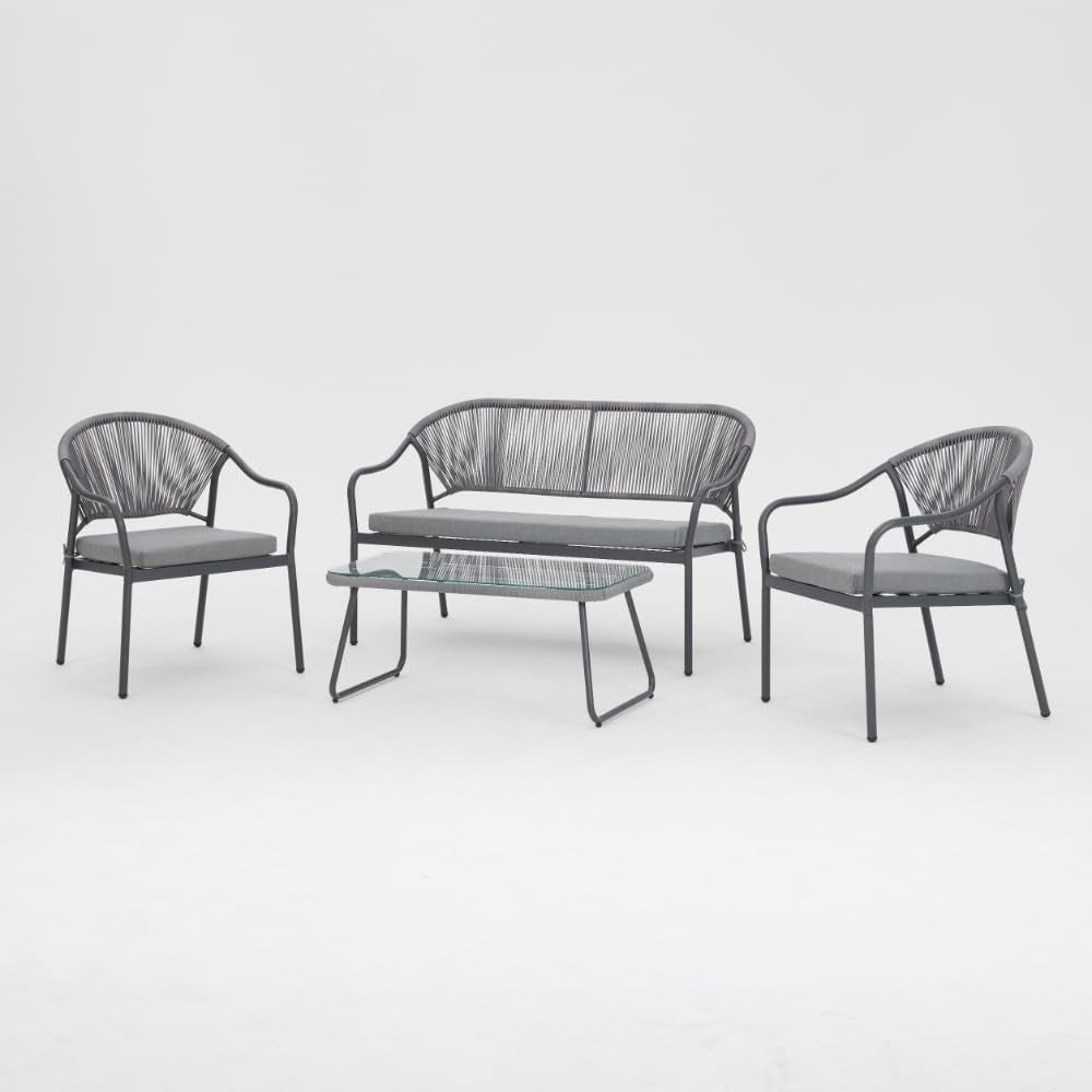 4 Seater Garden Rope Lounge Set Grey Wicker Chairs Sofa & Glass Table