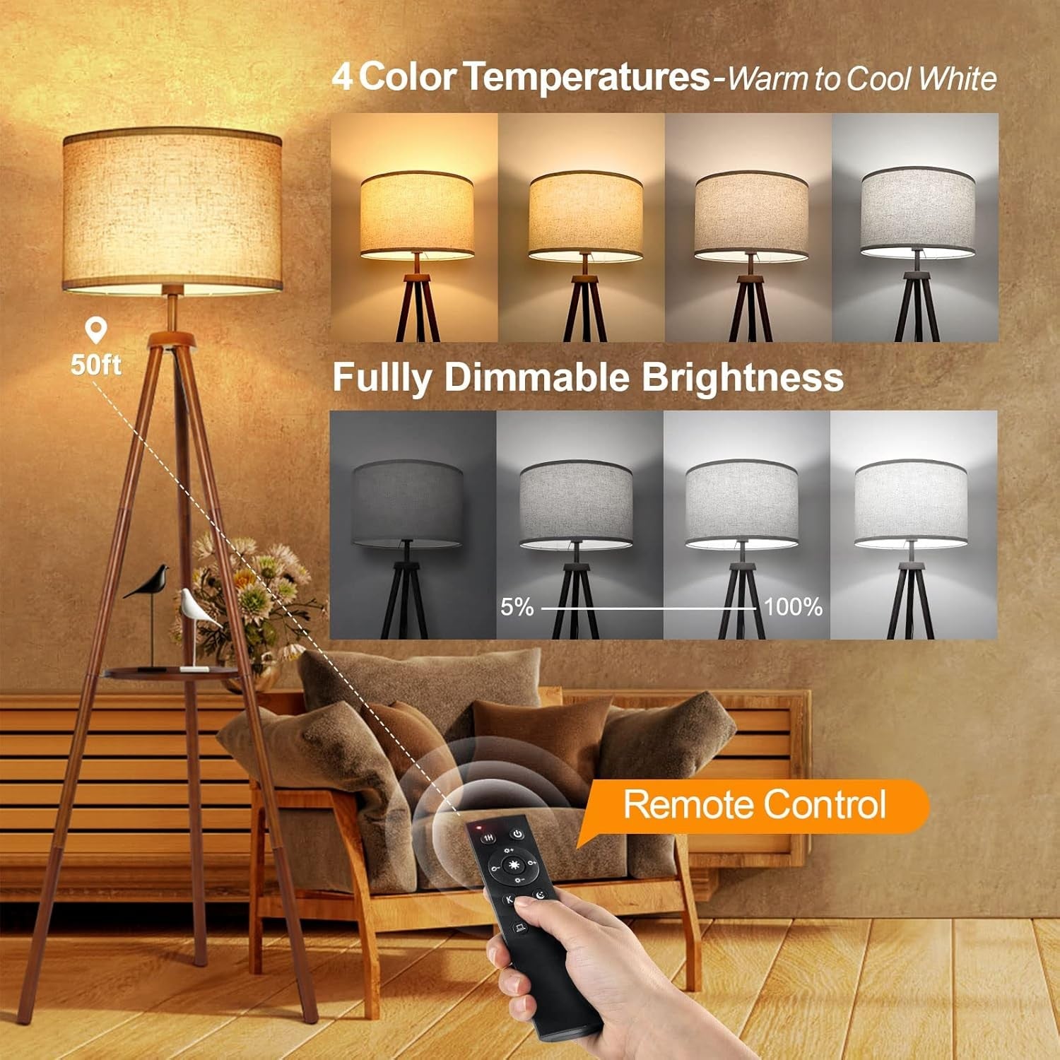 Wooden Tripod Floor Lamp Remote Dimmable Shelf Linen Shade Standing