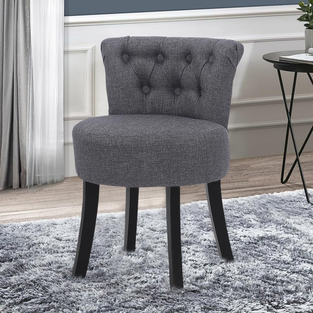Dark Grey Linen Vanity Chair with Tufted Back – Comfy Wooden Leg Dressing Stool
