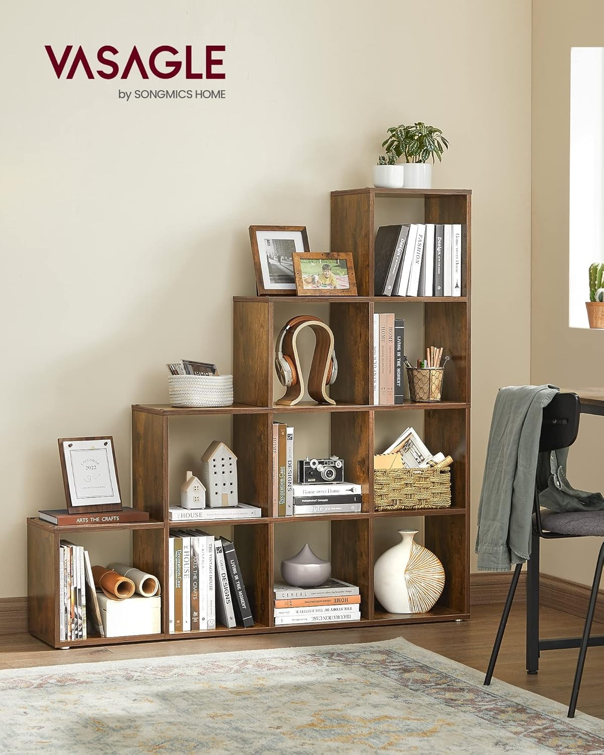 10-Tier Rustic Brown Cube Shelf – Large Open Display Bookcase for Home & Office