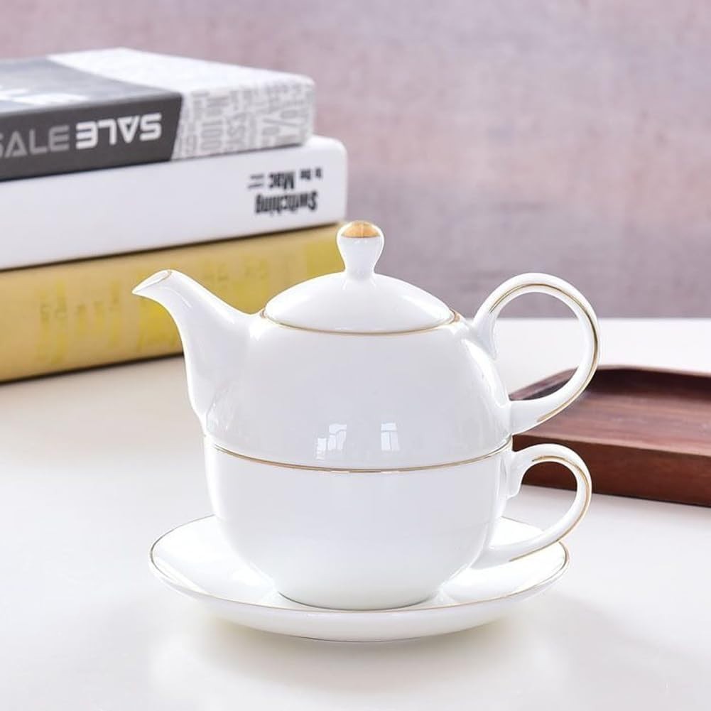 Tea For One Set Teapot Cup Saucer White Ceramic Gift Set 350ml