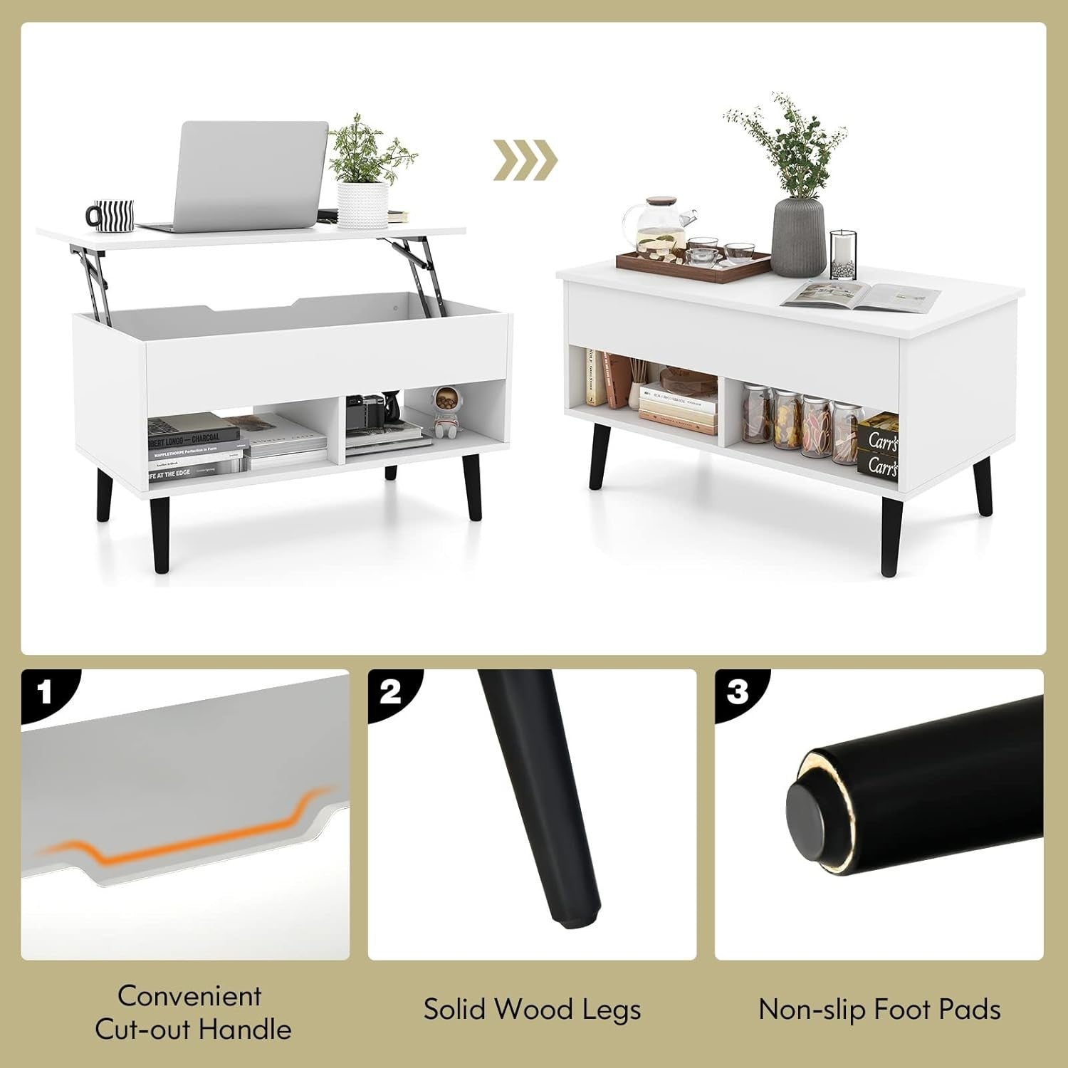 White Lift Top Coffee Table with Storage Shelf – Adjustable, 80cm Modern