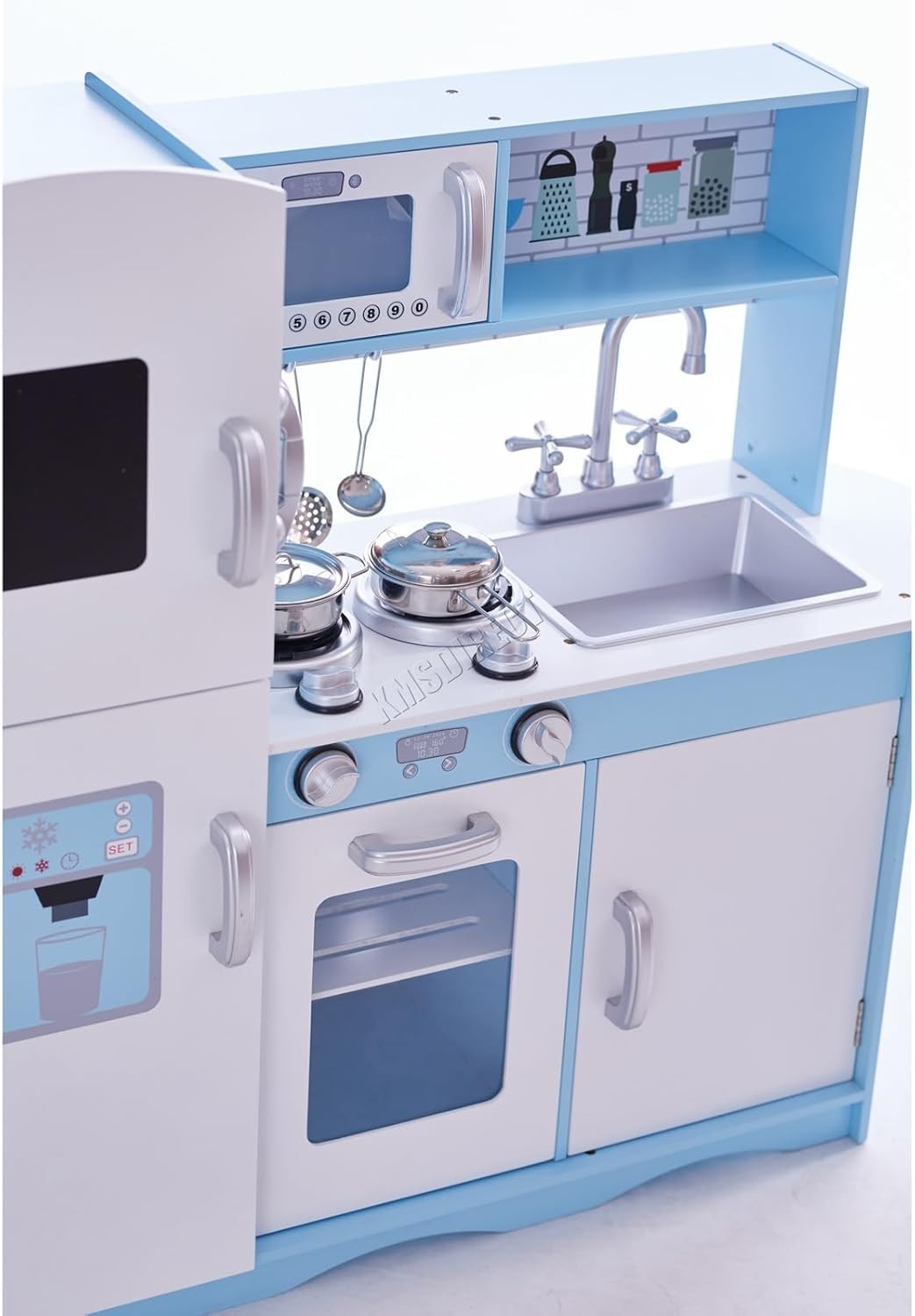 Wooden Kids Play Kitchen Role Play Cooking Toy Set Blue Accessories