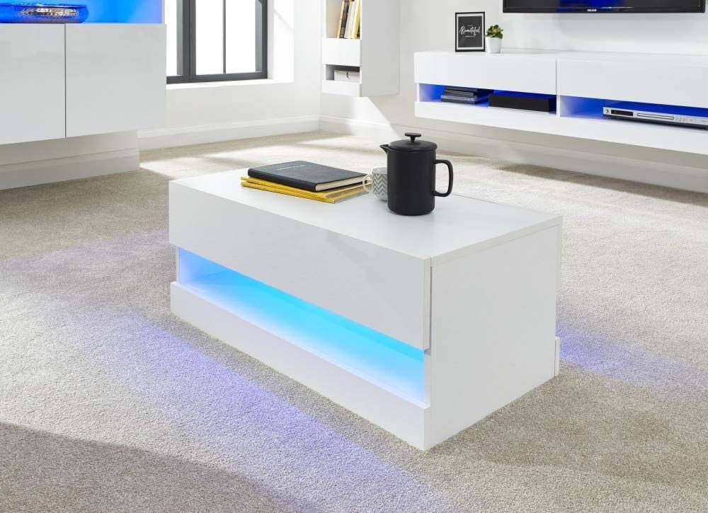 LED Coffee Table with Storage & High Gloss Finish – White Modern TV Unit