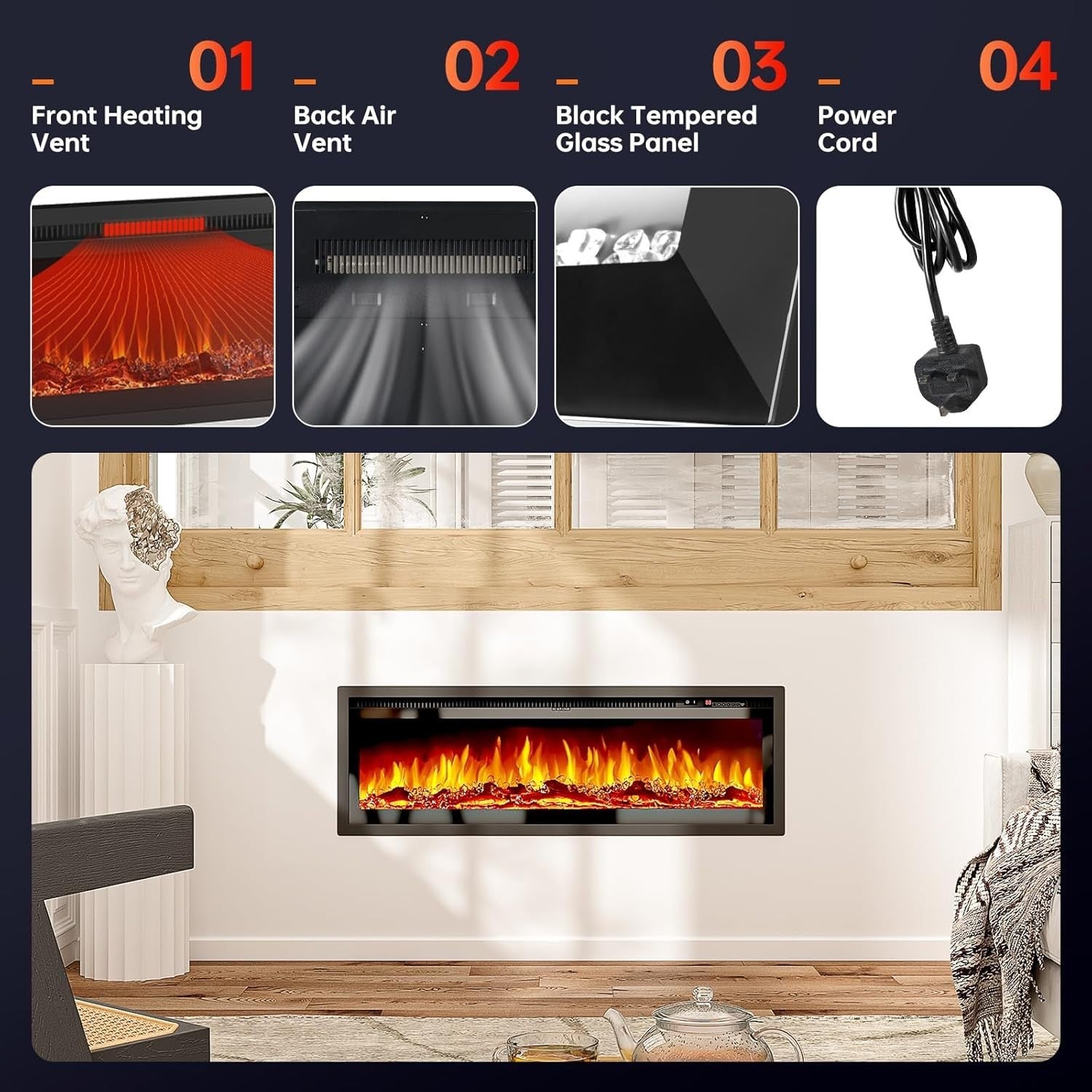 Electric Fireplace 40" Wall Mounted Heater WiFi LED Flame Remote Log Set