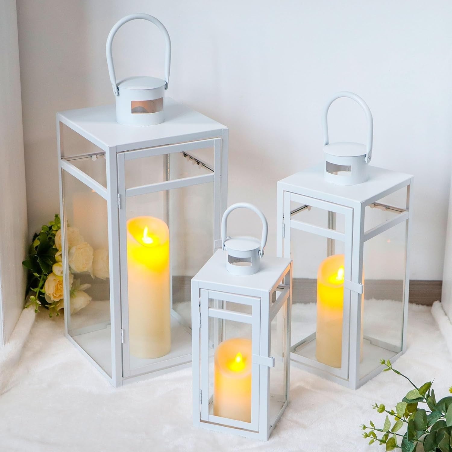TRIROCKS Set of 3 White Metal Lanterns Outdoor Candle Holders