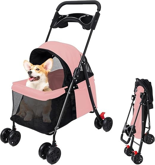 4 Wheel Dog Stroller Folding Pet Pram with Cup Holder Travel Buggy Pink