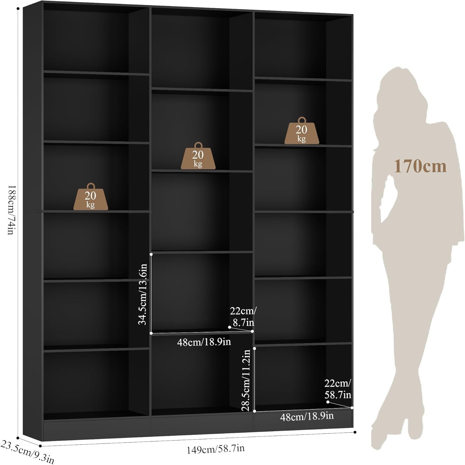 Tall Black 6-Tier Bookshelf with 17 Compartments Modern Display Storage Unit
