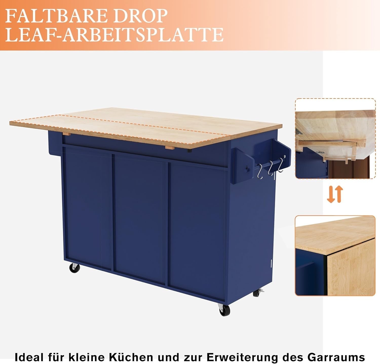 Kitchen Island Trolley with Drop Leaf, Storage Cabinets & Wheels – Blue