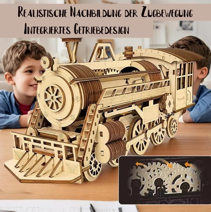 Mechanical 3D Wooden Train Puzzle Kit – DIY Locomotive Model, 227 PCS