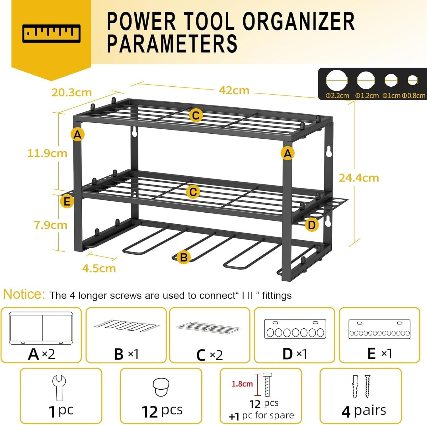 Wall-Mounted Drill Rack 4 Drill Holders 3-Layer Step Shelf Black Steel