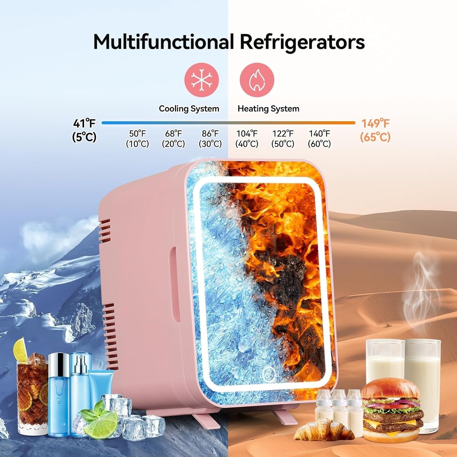 4L Portable Mini Skincare Fridge Cooler & Warmer LED Mirror AC/DC Pink