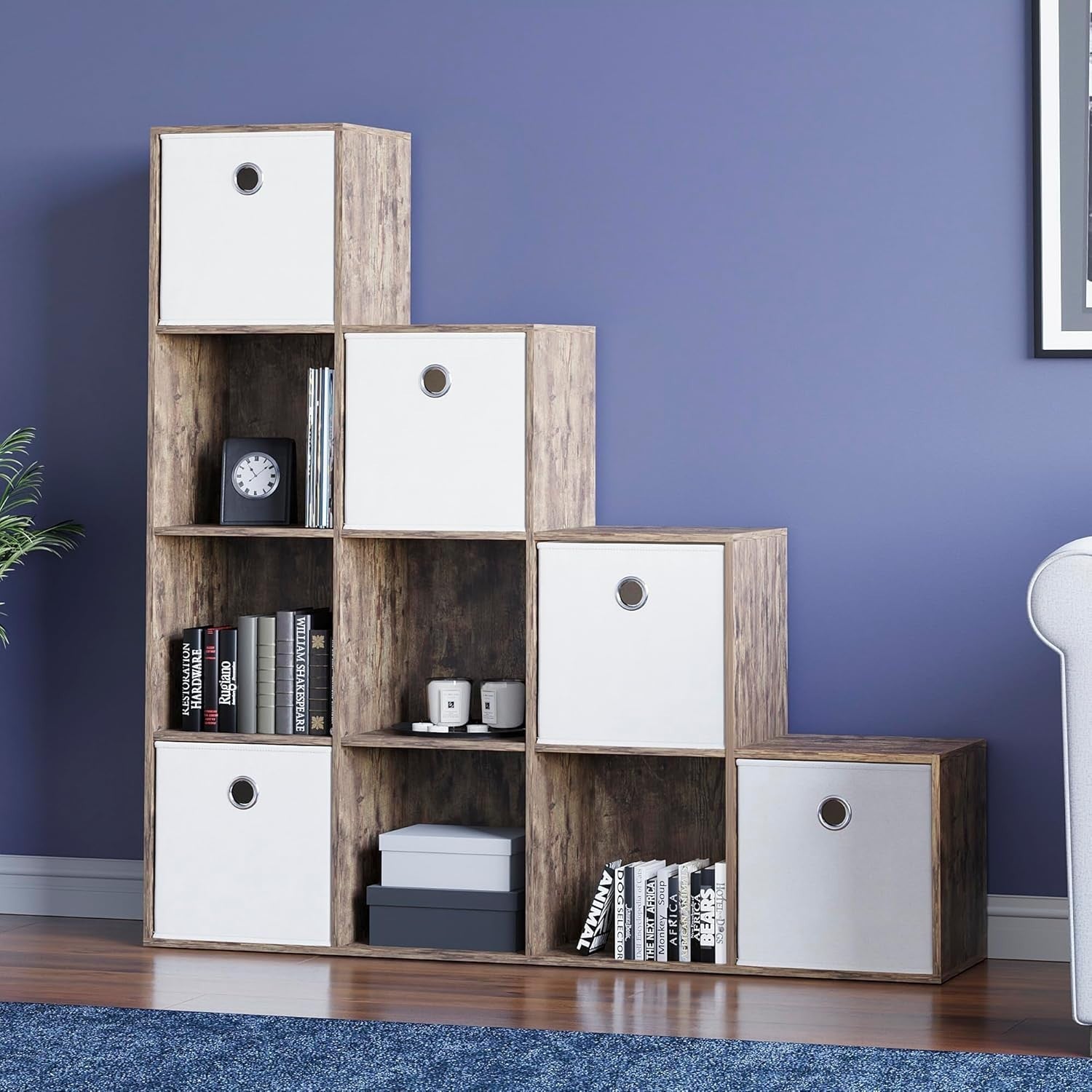Dark Wood 10 Cube Staircase Bookcase with 5 White Baskets Storage Unit