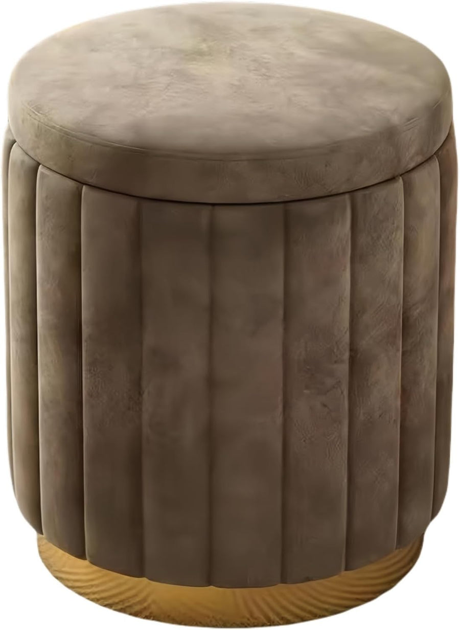 Brown Velvet Storage Vanity Stool – with Solid Wood Frame