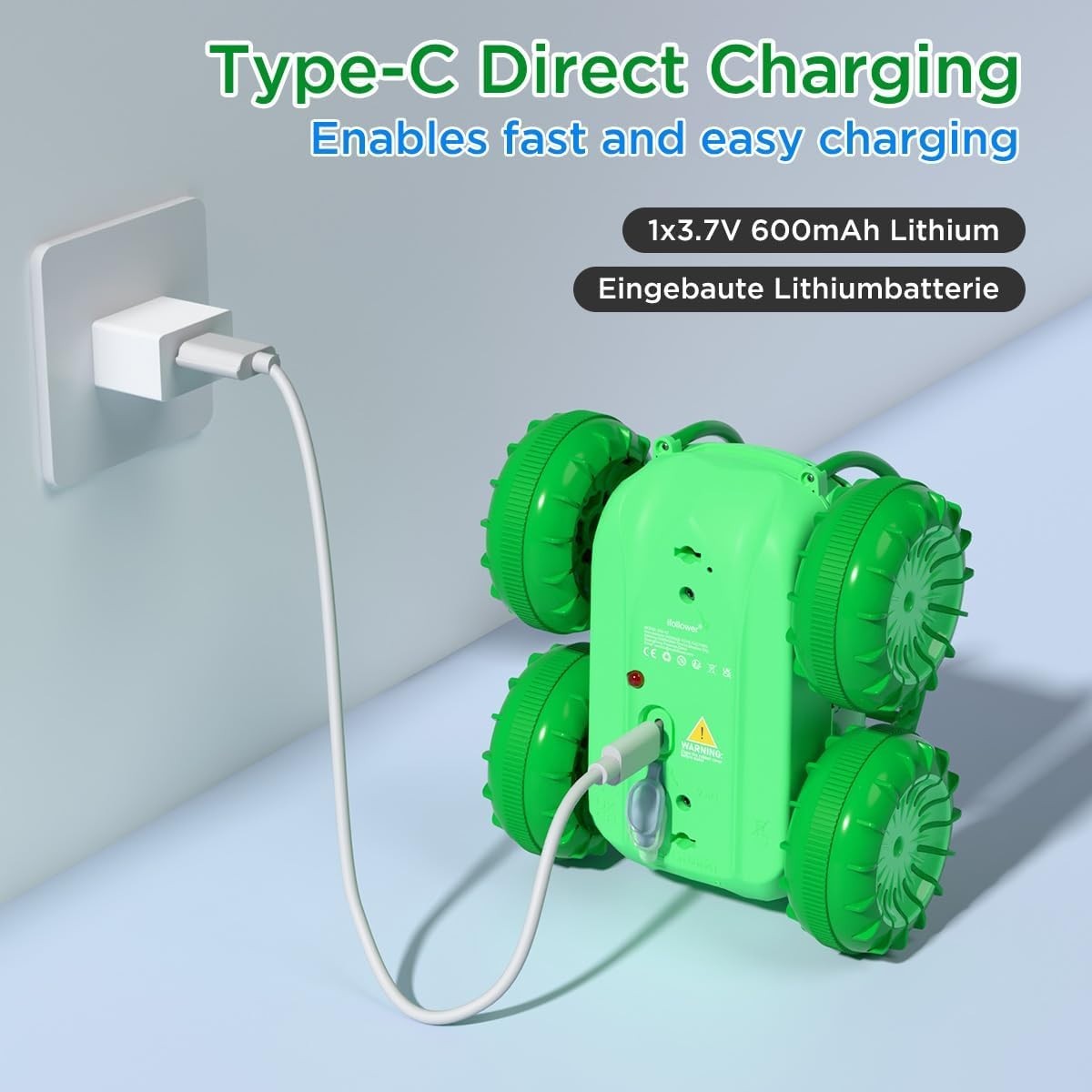 4WD Amphibious RC Car Type-C Rechargeable 360° Flip LED Lights Toy for Kids