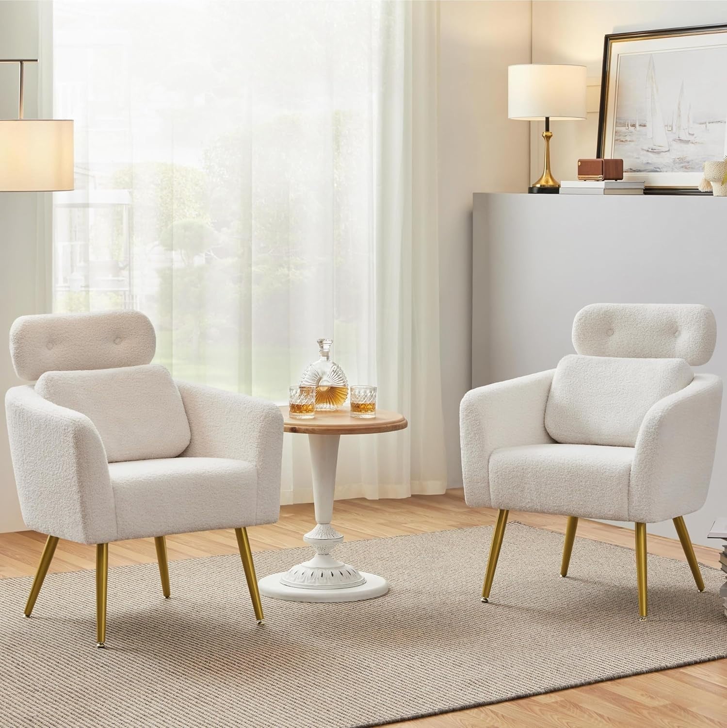 2x White Boucle Accent Chairs Adjustable Headrest Lumbar Lounge Armchairs