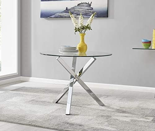Modern Round Glass Dining Table Chrome Metal Frame 100cm Stylish Design