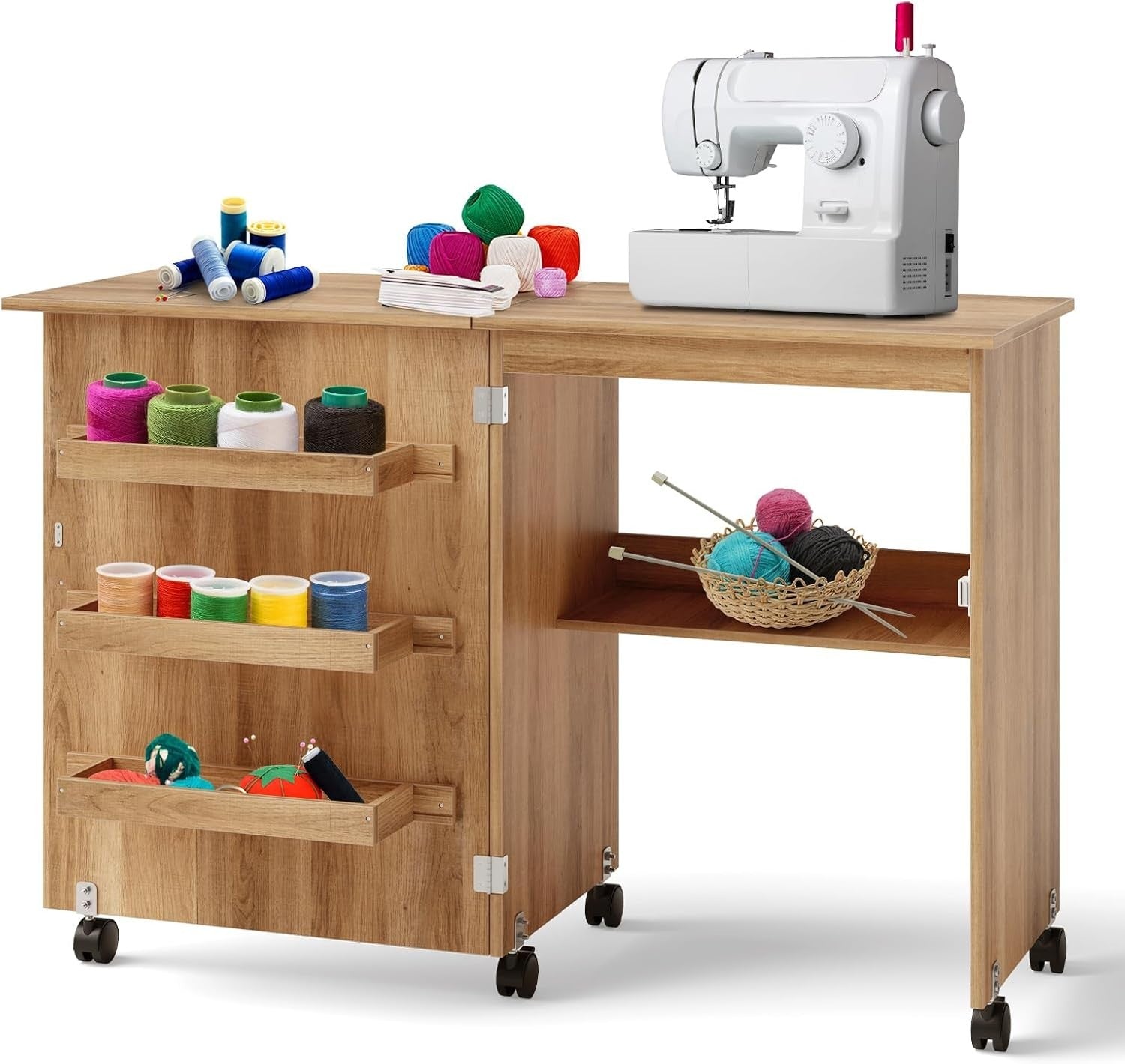 Folding Sewing Table 117cm Mobile Craft Desk with Shelves & Wheels Natural