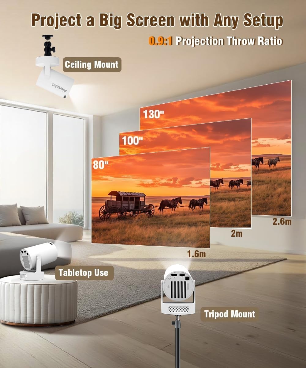 Smart WiFi6 1080P Mini Projector Bluetooth 180° Android 14