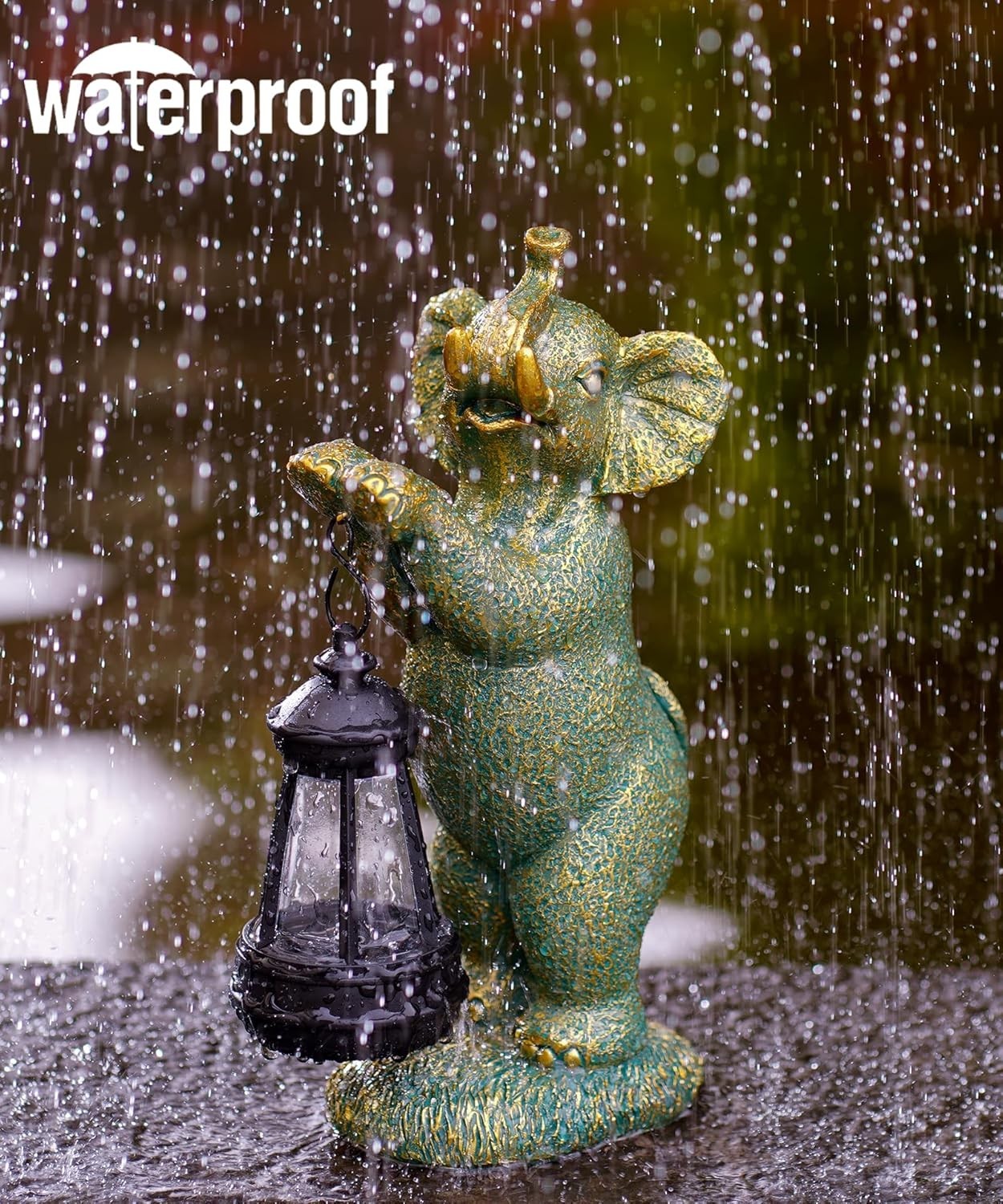 Solar Elephant Garden Ornament with Lantern | Outdoor LED Statue Patio Lawn