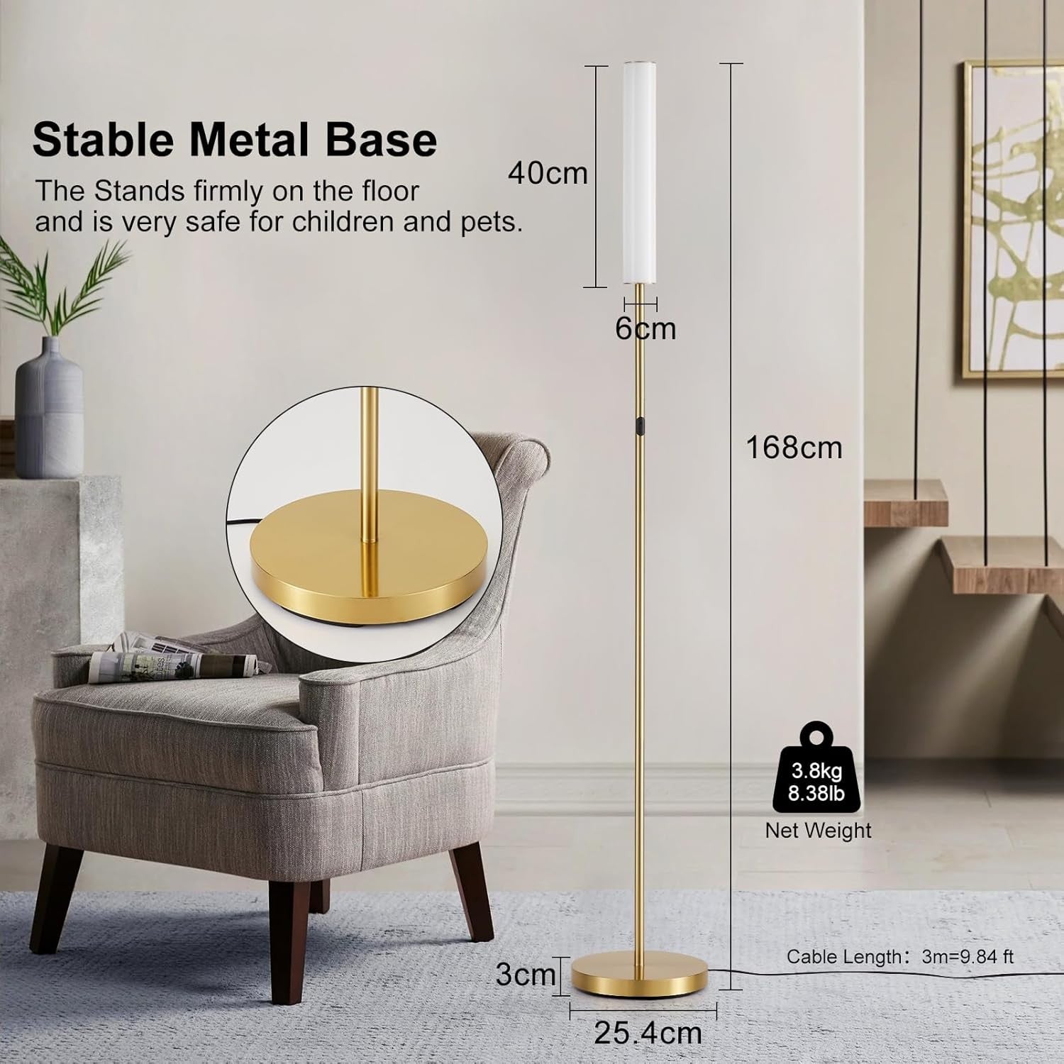 LED Floor Lamp Brass Gold with Remote Touch Control Dimmable 3 Colour Standing