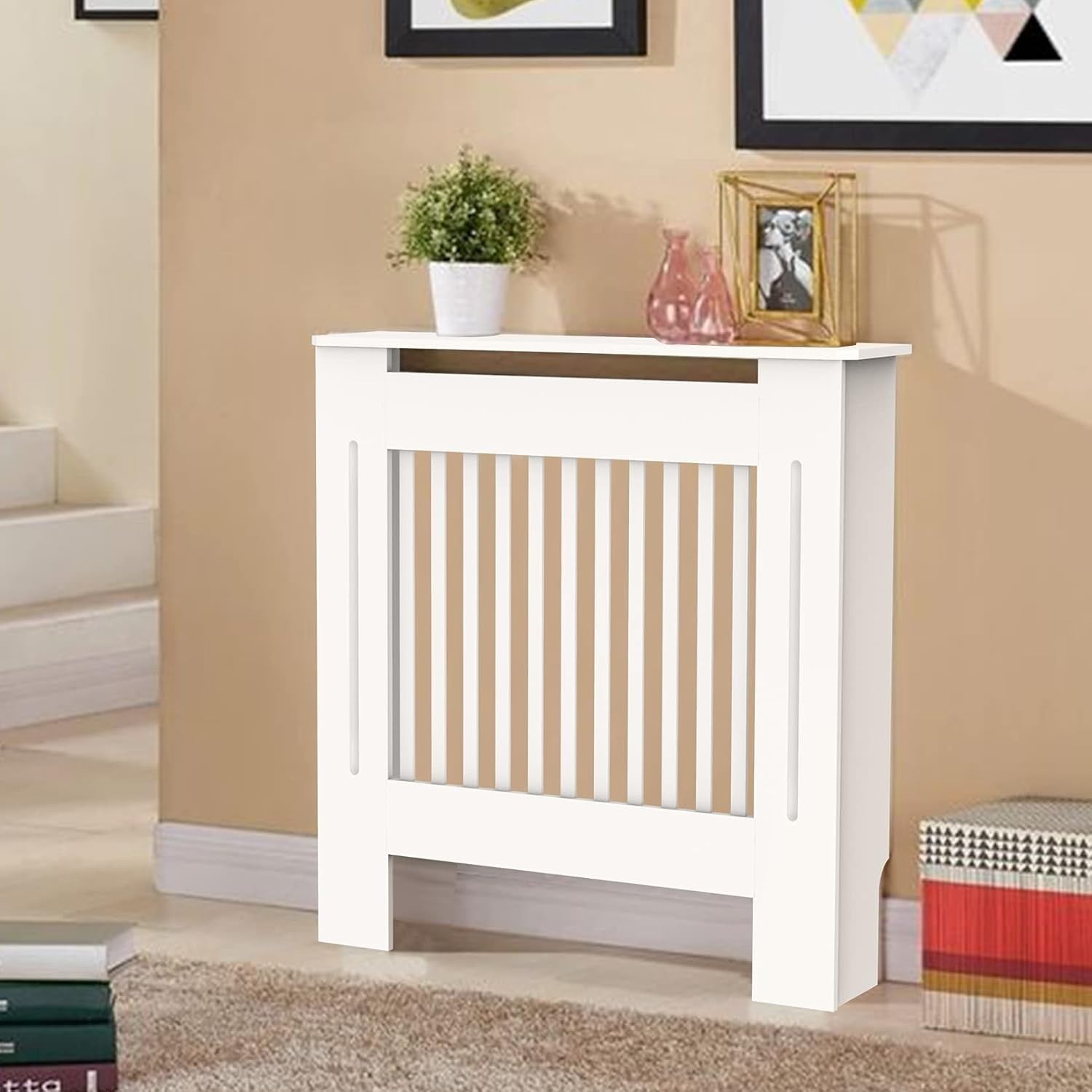 Large White Radiator Cover Cabinet 92cm MDF Horizontal Slat Heater Unit Shelf