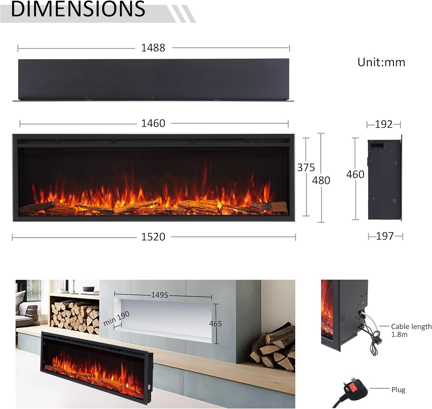 60” Smart Inset Electric Fireplace Alexa Google Voice Control Deep Flame
