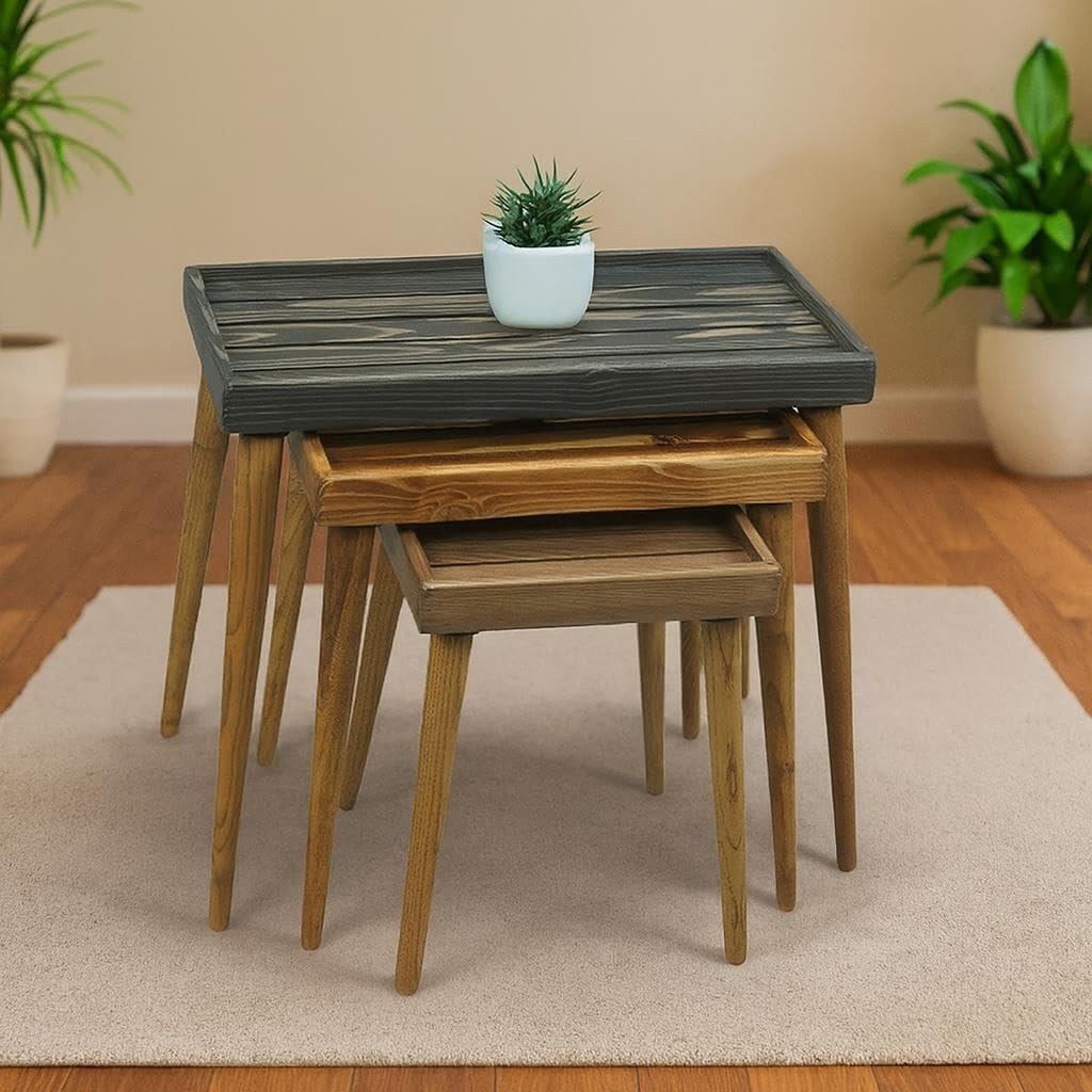 Nesting Coffee Side End Tables Wood Set Mid-Century Modern Rustic Accent