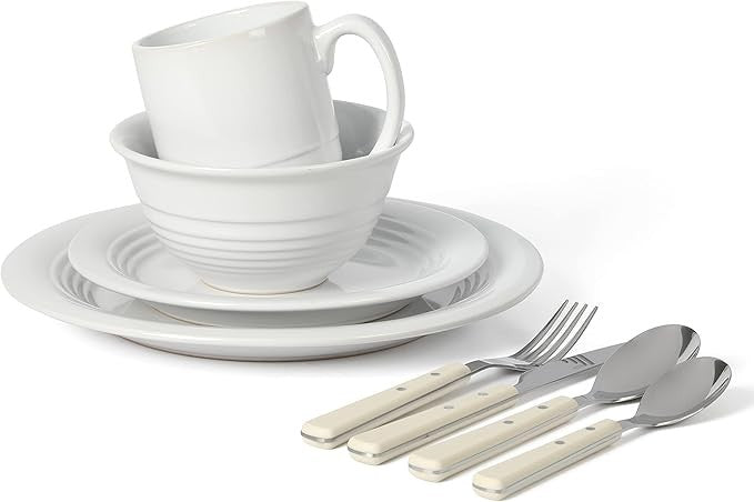 32pc Stoneware Dinnerware & Cutlery Set Service for 4 Linen White Plates