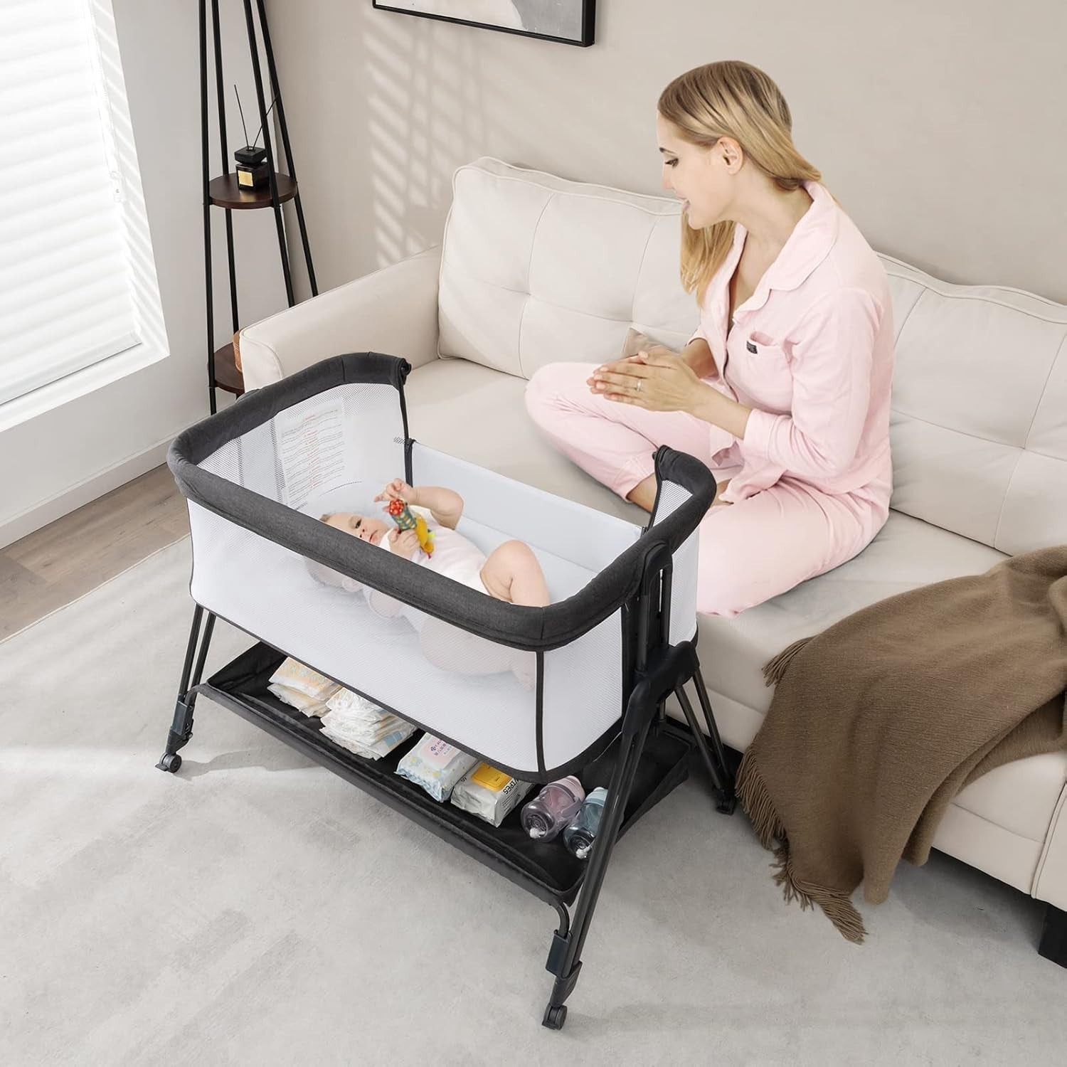 Baby Bedside Crib with Mattress, 7 Height Adjustable, Mesh Sides & Storage Shelf