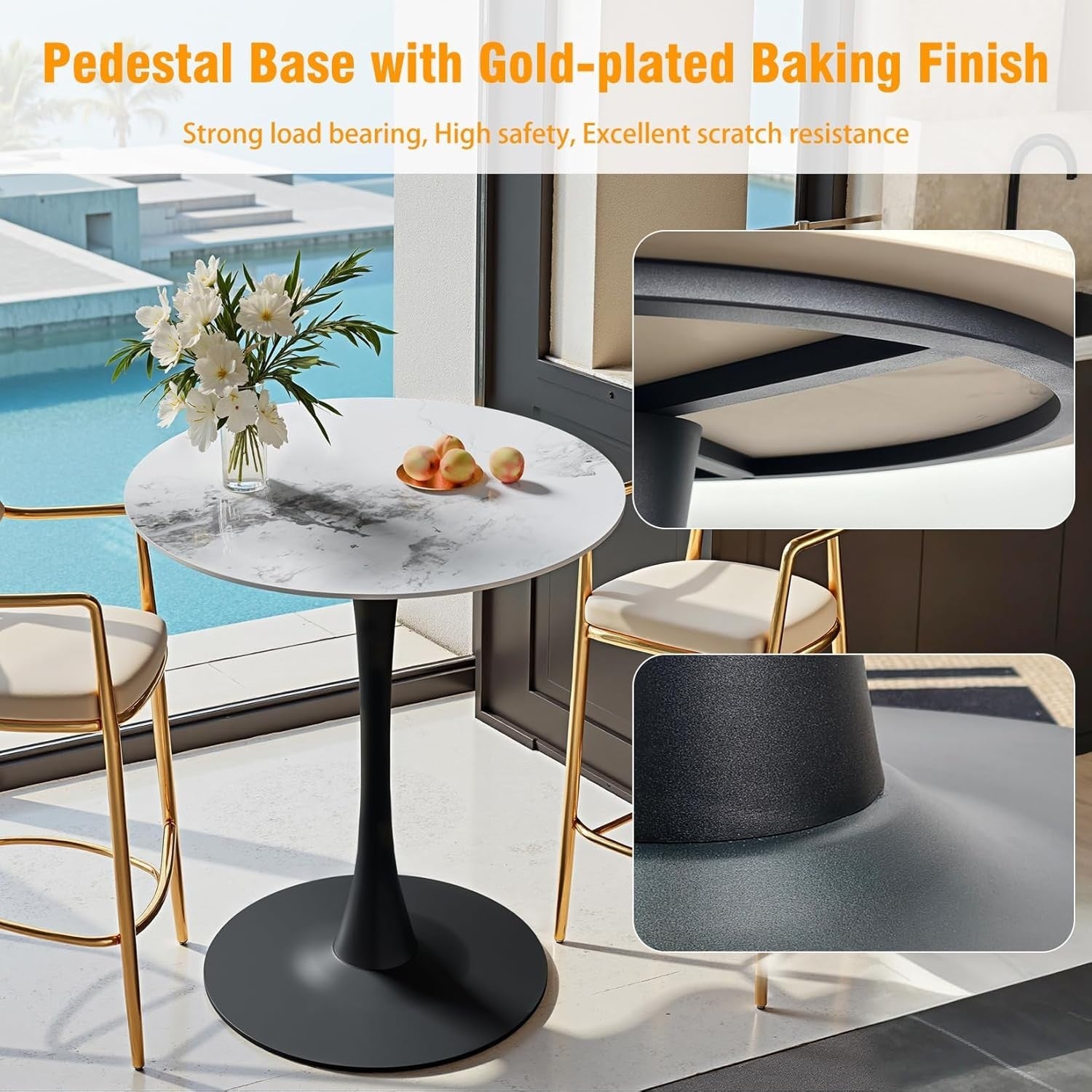 White 76cm Round Tall Bar Table 100cm Sintered Stone Top with Black Metal Base