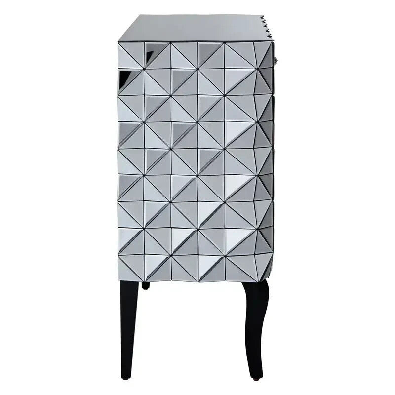 Silver Mirrored Cabinet Modern Geometric Storage Unit with 3D Design