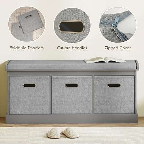 Grey 3-Drawer Shoe Storage Bench with Cushion Seat – Modern 105cm Hallway