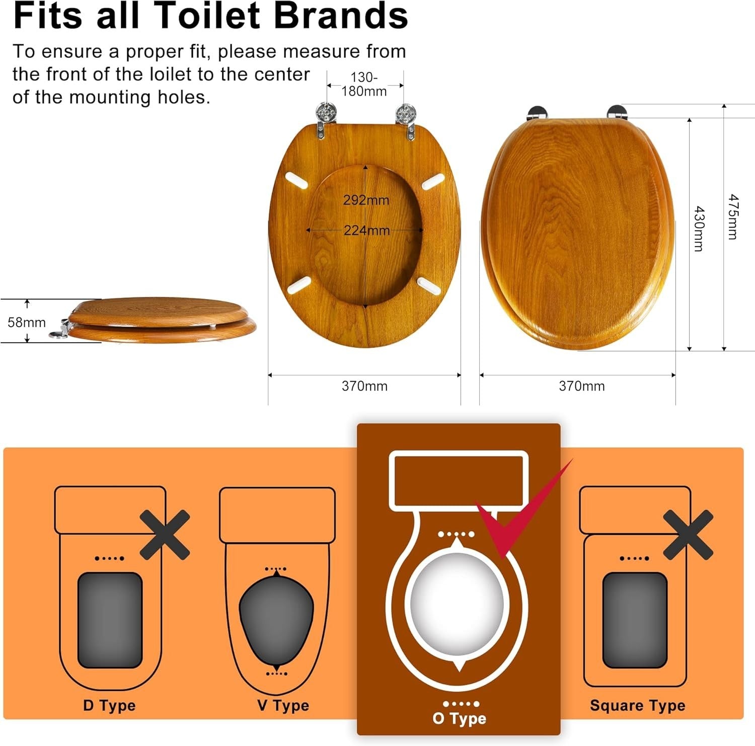 Natural Wooden Toilet Seat Antibacterial Oval Oak Yellow Adjustable Zinc Hinges