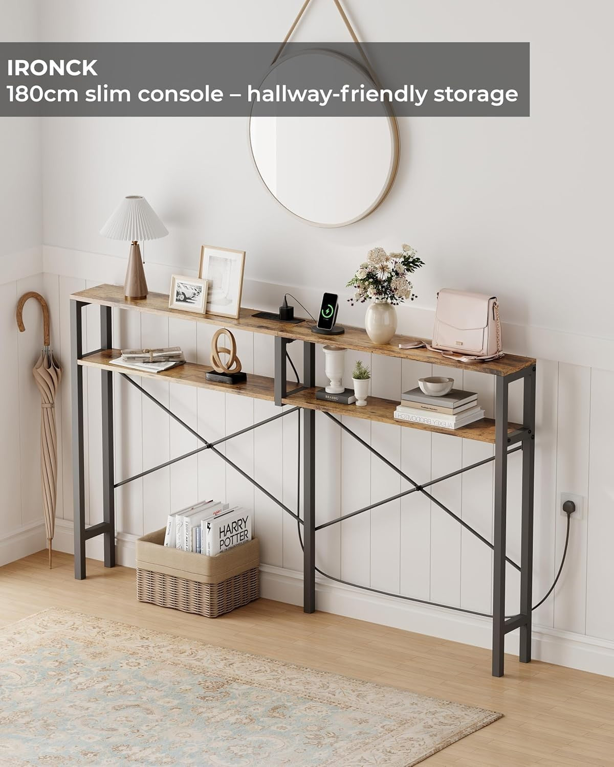 Slim Console Table with Power Outlets & USB, Space-Saving Sofa Table, 180cm