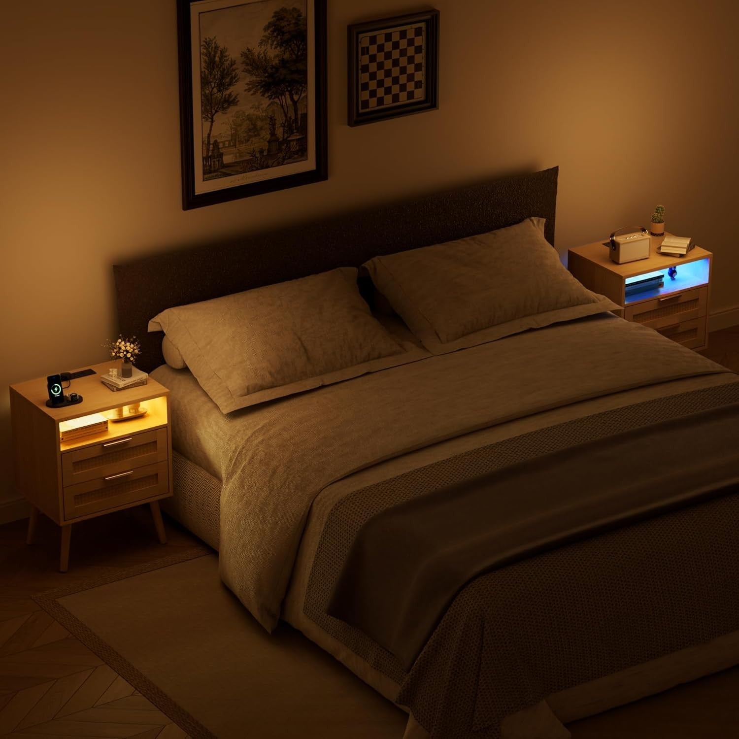 Set of 2 Bedside Table,Nightstand with Charging Station and LED Lights, Bedside