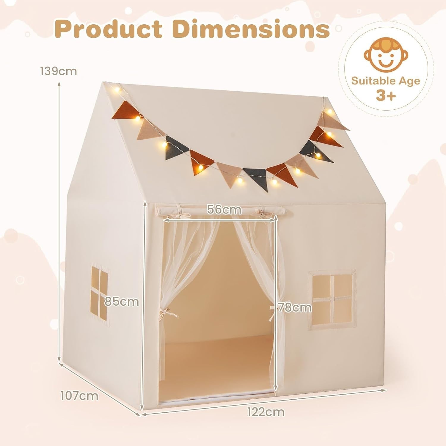 Kids Castle Playhouse Tent Indoor Outdoor w Lights Non Slip Mat Flags