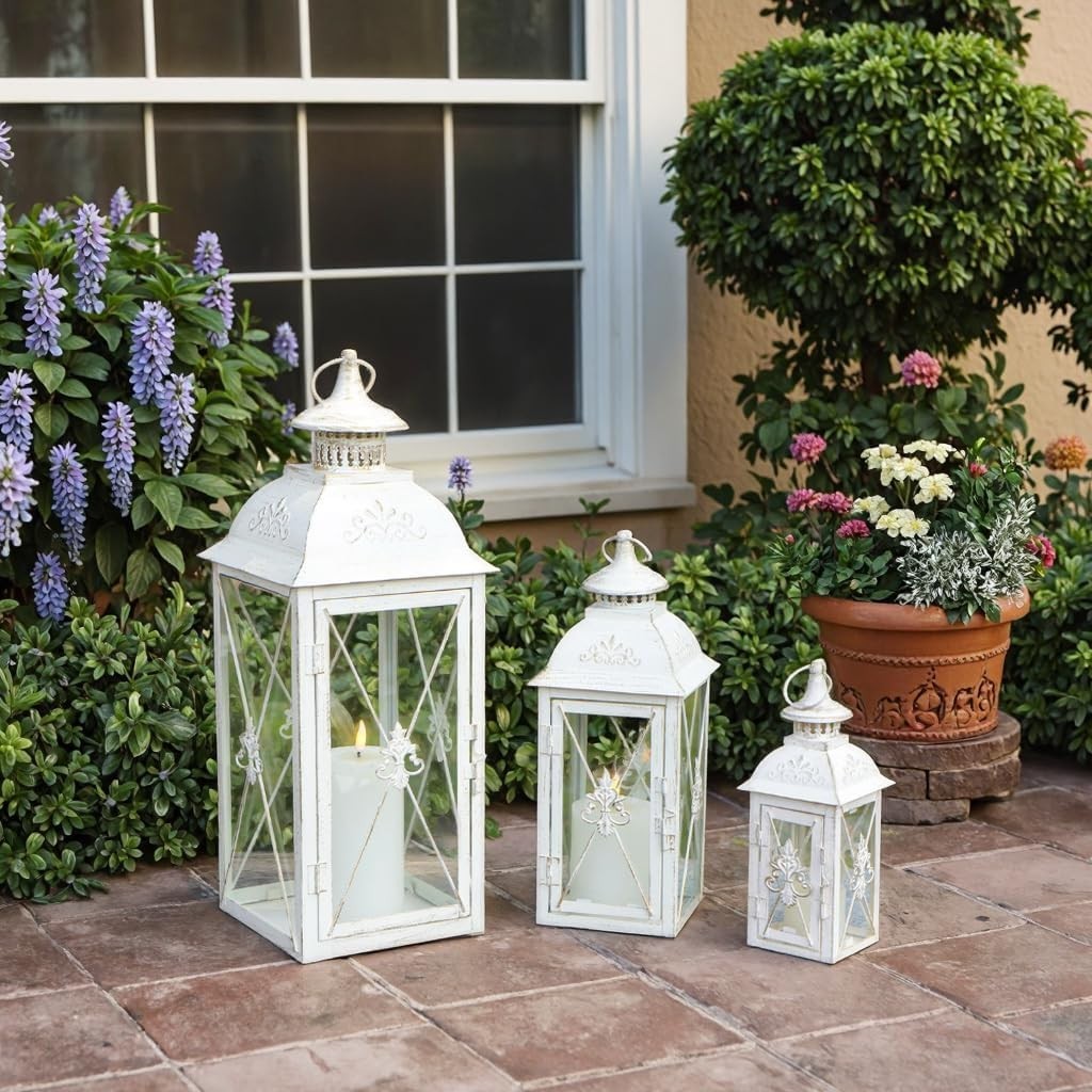 White Gold Lantern Set of 3 Decorative Metal Candleholders