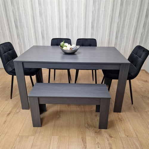 6 Seater Dining Table with 4 Black Chairs & Bench – Dark Wood Kitchen Set
