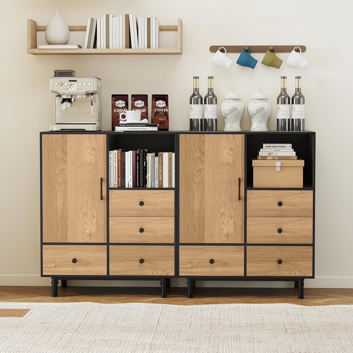 Modern 4 Drawer Sideboard Cabinet with Open Shelf & Anti-Tip Safety Black