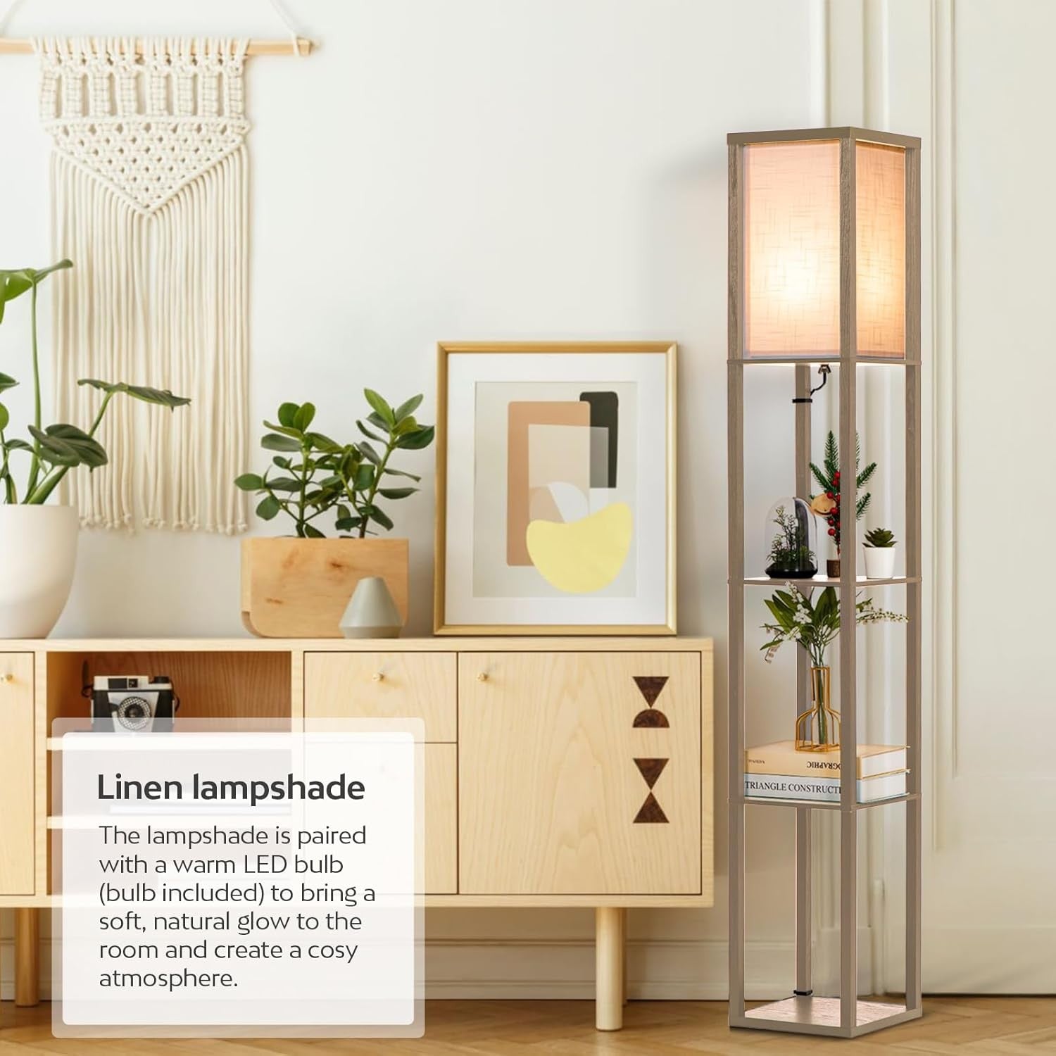 Floor Lamp with Shelves Wooden Standing LED Light Storage Display Light Brown
