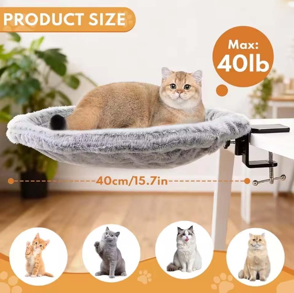 Rotating Cat Hammock Desk Mount Faux Fur Kitty Perch Bed Gray