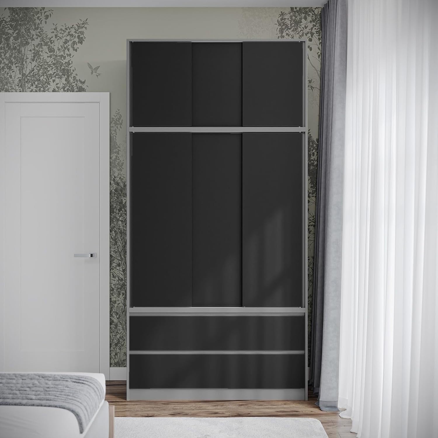 Grey Sliding Door Wardrobe 6 Doors 4 Drawers 240cm Modern Bedroom Closet