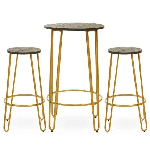3Pc Gold Bar Table & Stool Set – Hairpin Legs, Elm Top, Modern Design