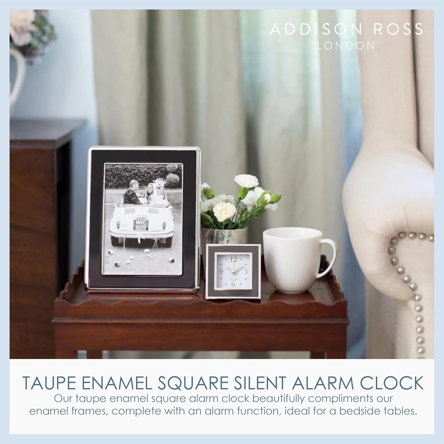 Silent Sweep Square Bedside Alarm Clock Luxury Compact Taupe Enamel