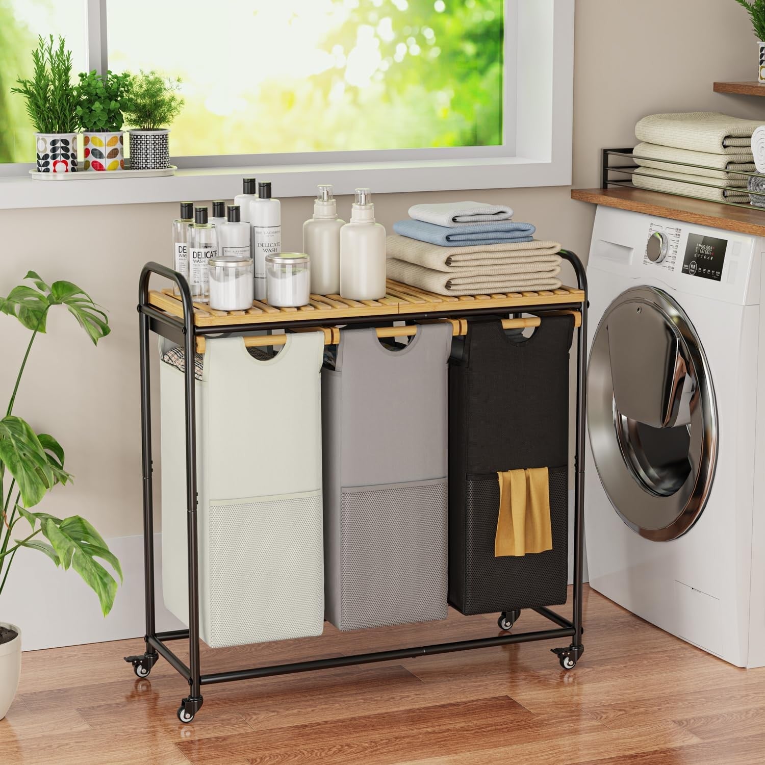 3-Section Laundry Sorter with Bamboo Shelf & Pull-Out Bags on Wheels – 3×40L