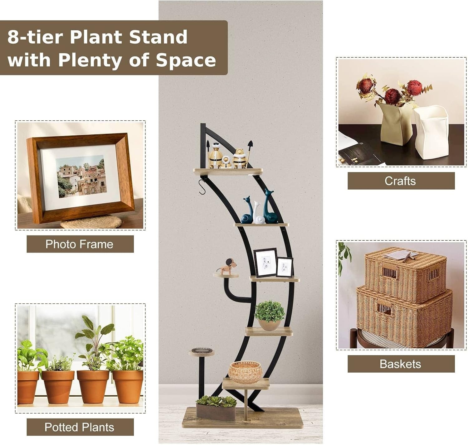 8 Tier Metal Plant Stand Curved Half Moon Ladder Shelf Indoor Outdoor Rack
